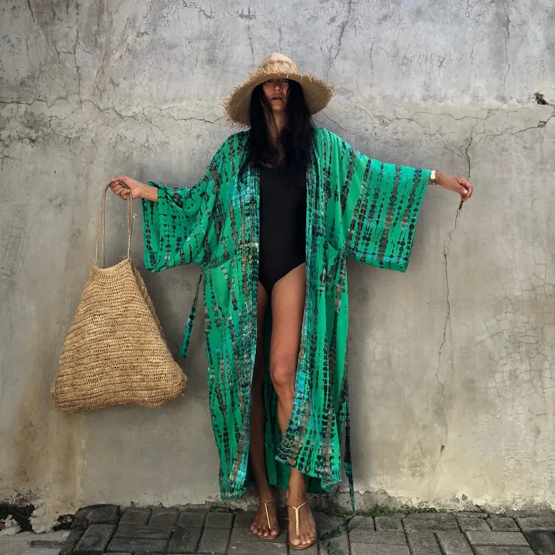 Bikini Cover-ups Black Retro Striped Self Belted Women Summer Kimono Dress Beach Wear Swim Suit Cover Up Beach Dress Tunic Robe