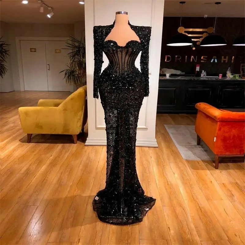 

Luxury Black Prom Dresses Dubai Arabia Crystal Sequins Beads Evening Dress Custom Made Long Sleeves Chic Glitter Party Gown