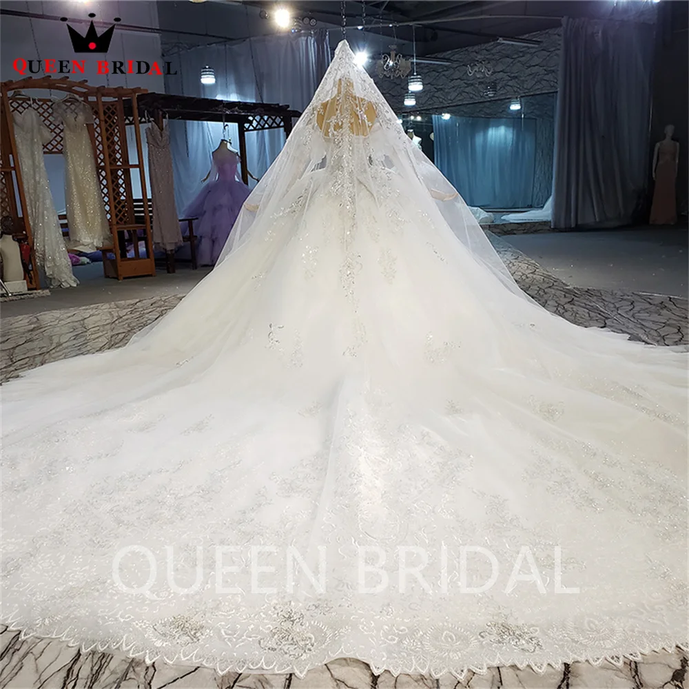 Luxury Ball Gown Wedding Dresses with Detachable Train Puffy Tulle Lace Crystal Beads Diamond Bridal Gown Custom Made JT28