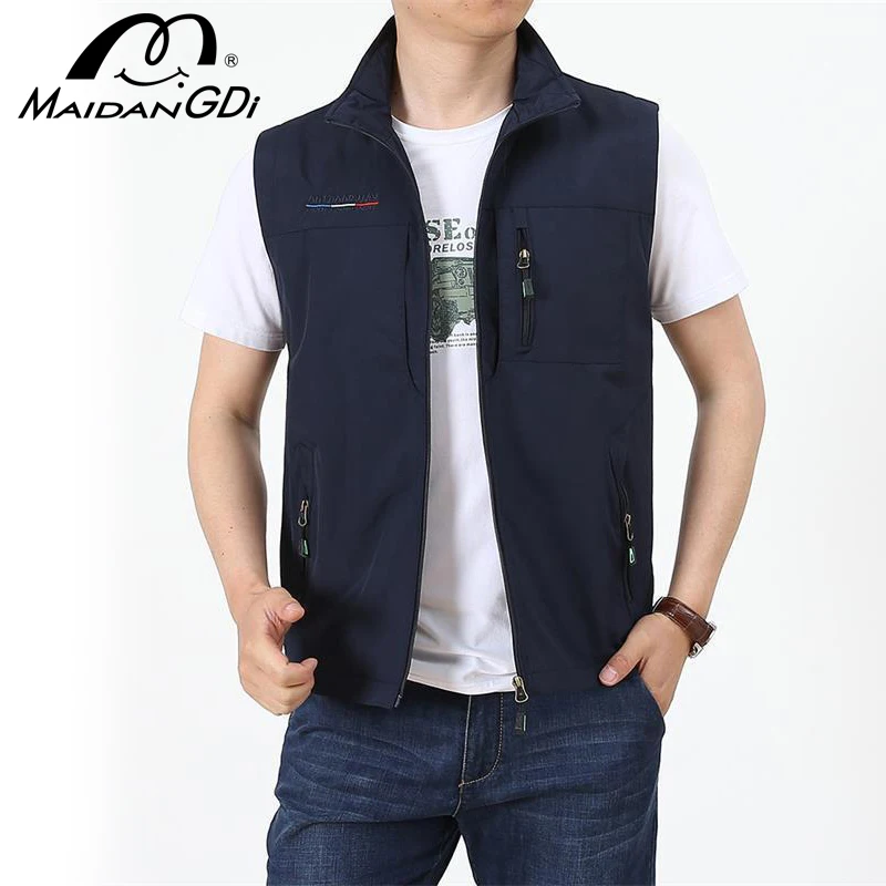 MAIDANGDI Men's Waistcoat  Jackets Vest 2021 Summer New Solid Color Stand Collar  Climbing Hiking Work Sleeveless With Pocket