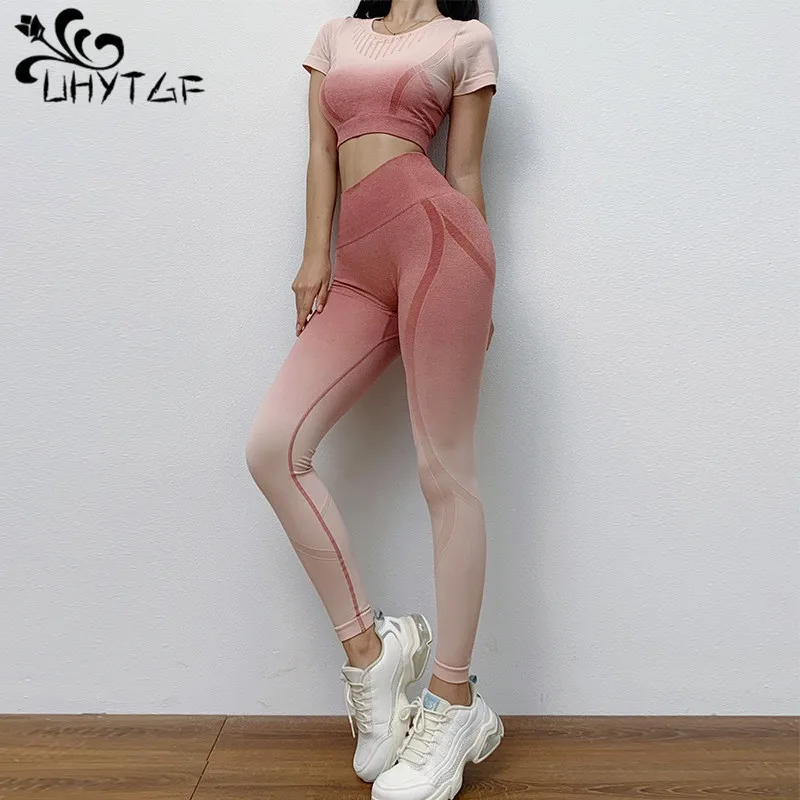 UHYTGF 2 Piece Sets Womens Outfits Summer Fashion Tight Fitness Sports Tracksuit Two Piece Set Women Pullover Top Pant Suits 985