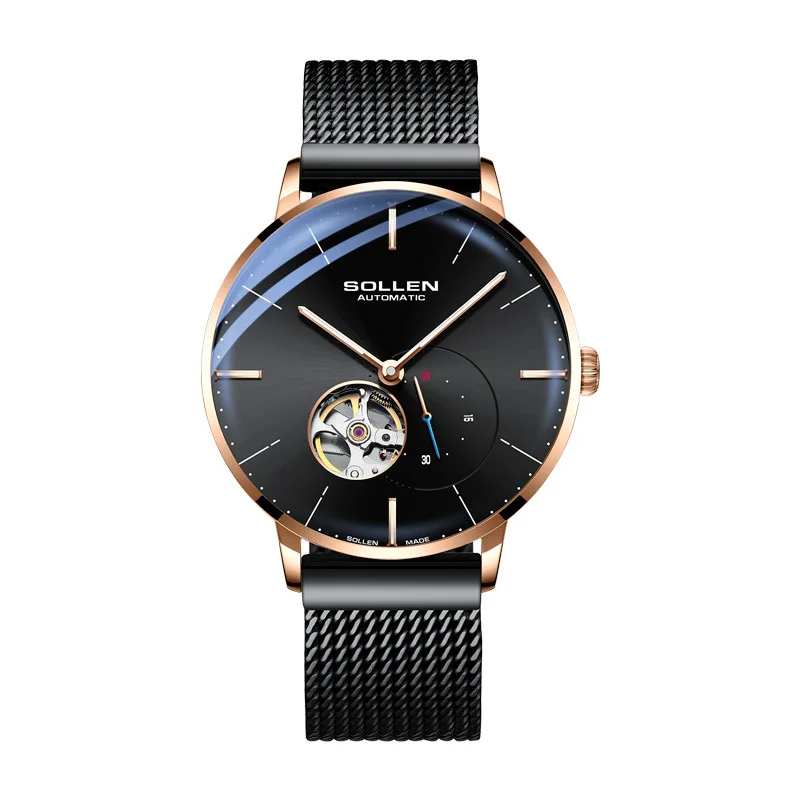 Automatic SOLLEN New Luxury Men Mechanical hollow Wristwatch Stainless Steel GMT Watch Top Brand Men Watches reloj hombre