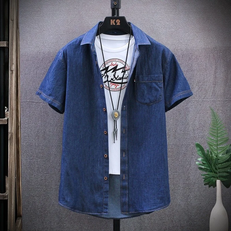 Men Summer Short Sleeve Denim Shirt Single Breasted Casual Streetwear Tops Man Cowboy Cargo Shirts Harajuku Chemise Homme 4XL