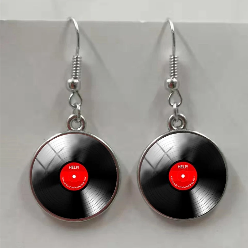 Music Record Disc Earrings Glass Convex Earrings Bronze / Silver Plated Alloy Earrings