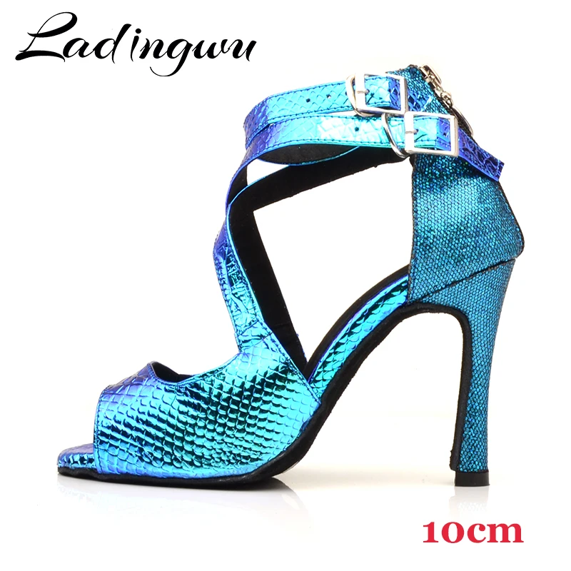 Ladingwu Dance Shoes Latin Women Salsa Shoes Dancing Party Wedding Ballroom Dance Shoes Laser PU and Glitter Blue Gold Silver