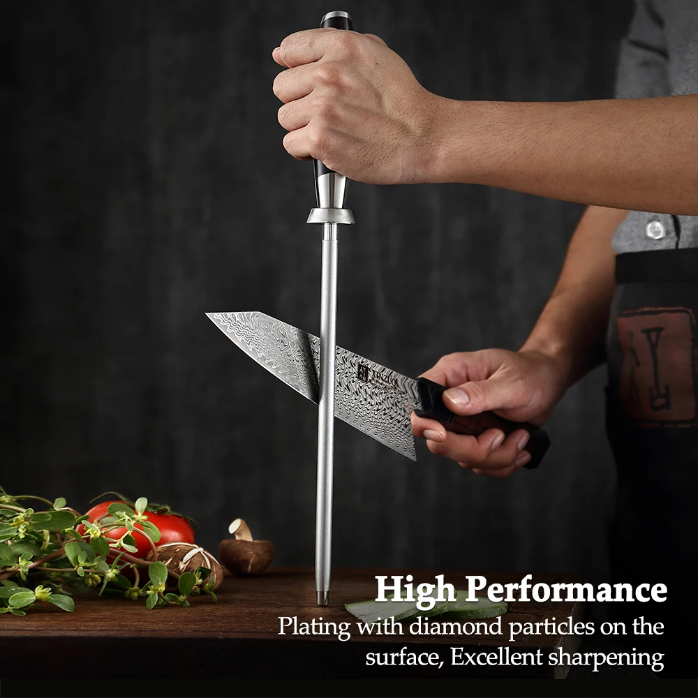 XINZUO Diamond Sharpener Rod Kitchen Knife Accessories High Carbon Stainless Steel Comfortable Nature Ebony Wood