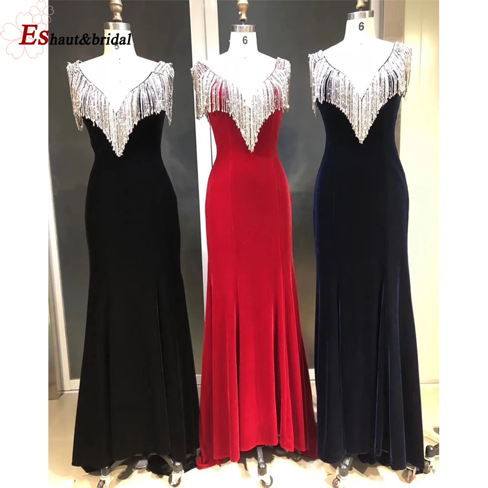 Vestido de noche de sirena con cuello en V para mujer, elegante vestido de noche con cuentas de cristal, borlas de terciopelo, largo, Formal, para fiesta de graduación y boda, 2023