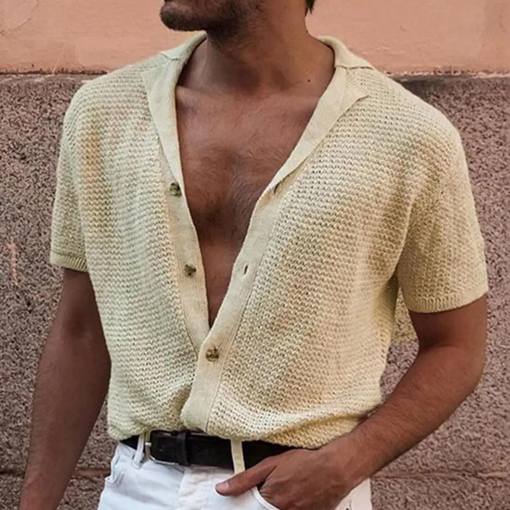 Hot！！！Men T-shirt Solid Color Knitted Summer Top For Men Streetwear 2022 Casual Shirts Lapel Buttons Cardigan for Dating