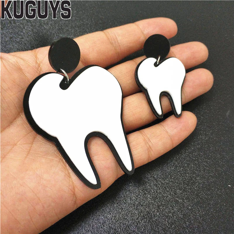 KUGUYS White Teeth Big Drop Earring for Women Hyperbole Large Acrylic Jewelry 6cm 3.5cm