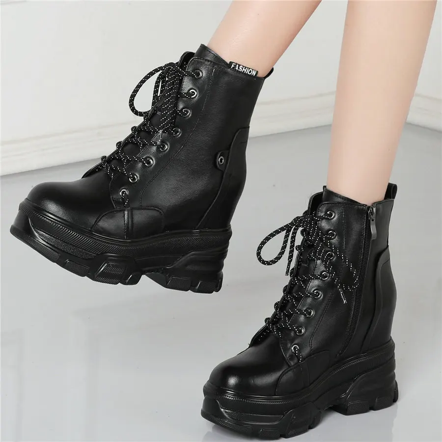 

Fashion Sneakers Women Lace Up Genuine Leather High Heel Platform Pumps Shoes Female High Top Round Toe Ankle Boots Casual Shoes