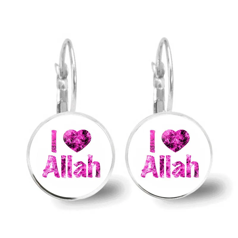 Islamic Muslim Logo Pendant Earrings Glass Convex Charm Pendant Alloy Metal Arabic Religious Jewelry