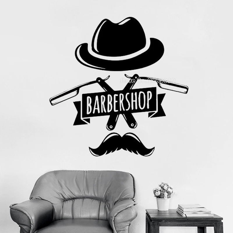 Mustache Barber Shop Wall Stickers Barber Tools Logo Mustache Wall Decals Barber Manicure Shop Cut Vinyl Decor Art Mural LL709