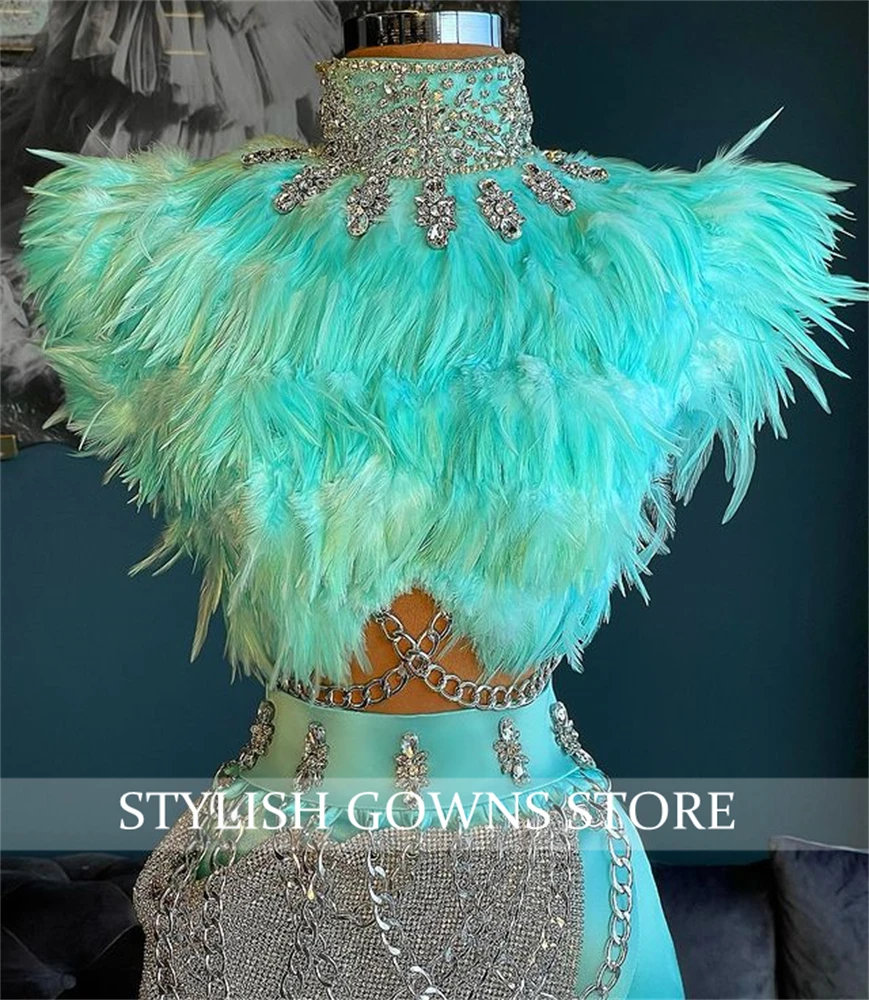 Mint Green Autumn Luxury Two Pieces Feather Short Prom Dress 2023 Beaded Mini Cocktail Homecoming High Neck Birthday Customized