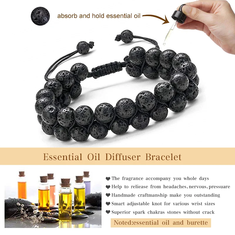 Mens Beads Bracelet 8mm Lava Rock Stone Bracelet Essential Oil Bracelets Adjustable Natural Stone Braided Rope Jewelry