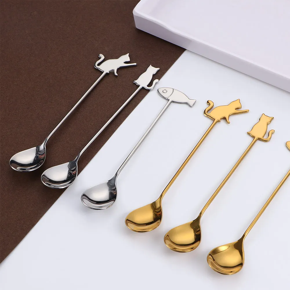 1 Pcs Creative Fish Cat Design Coffee Stirring Spoon Cute Stainless Steel Dessert Tea Scoop Home Kitchen Accessories