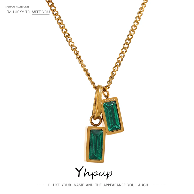 

Yhpup Stainless Steel Green Cubic Zirconia Pendant Necklace for Women Jewelry Statement Stylish Unique Design Collar Gift