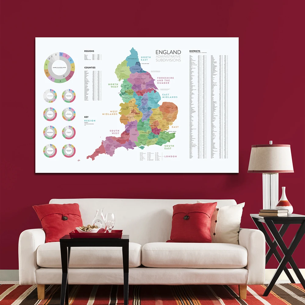 225*150 Cm De Engeland Bestuurlijke Subdivisions Kaart Non-woven Canvas Schilderij Grote Poster Thuis Decoratie Schoolbenodigdheden