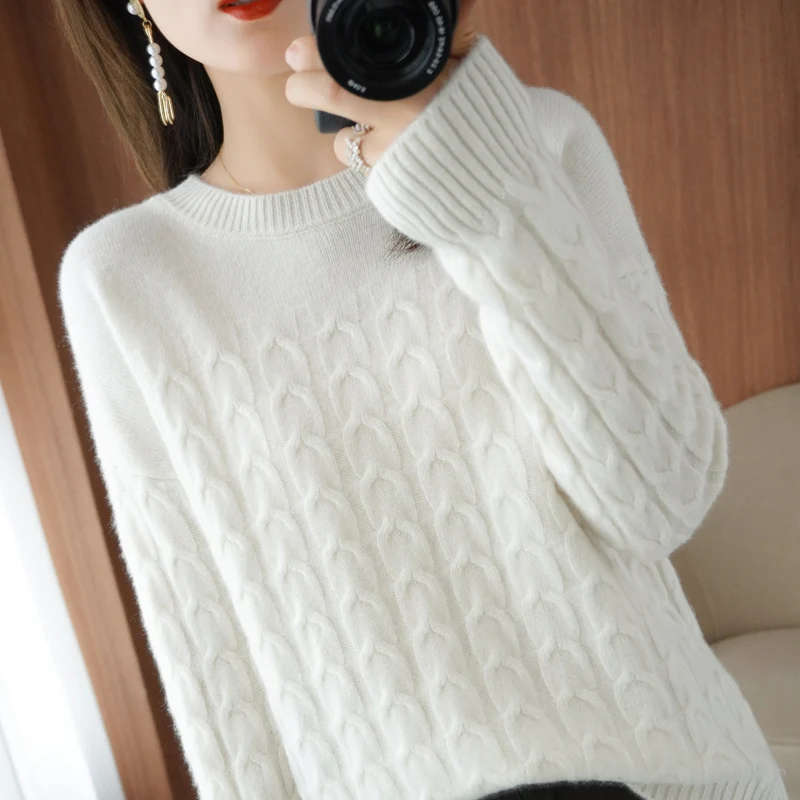 100% Pure Wool Cashmere Sweater Autumn/Winter 2021 Women\'s O-Neck Pullover Twist Casual Knitted Top Long-Sleeved Females Jacket