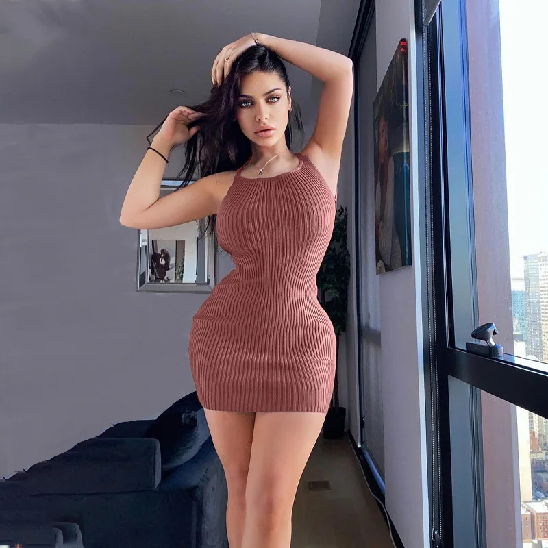 

BKLD Fashion 2024 Spring New Women Clothing Solid Color Brown Slim Knitted Sleeveless Bodycon Spaghetti Strap Dress Club Wear