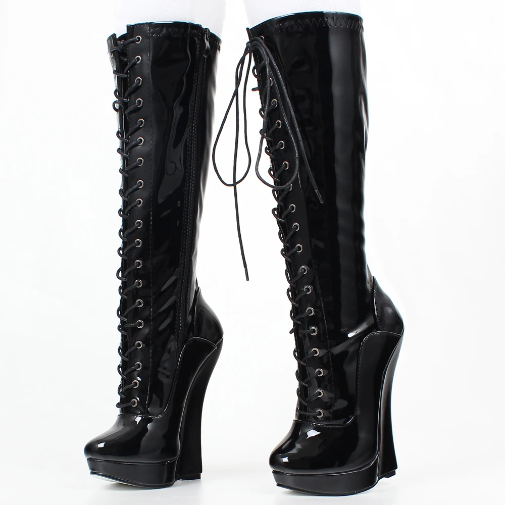 JIALUOWEI 18cm high heel wedge platform lace up knee high boots