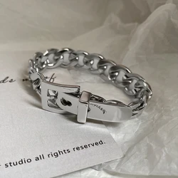 Flashbuy Silver Color Belt Buckle Bracelets for Women Metal Thick Chain Strap Adjustable Hip Hop Jewelry Gift