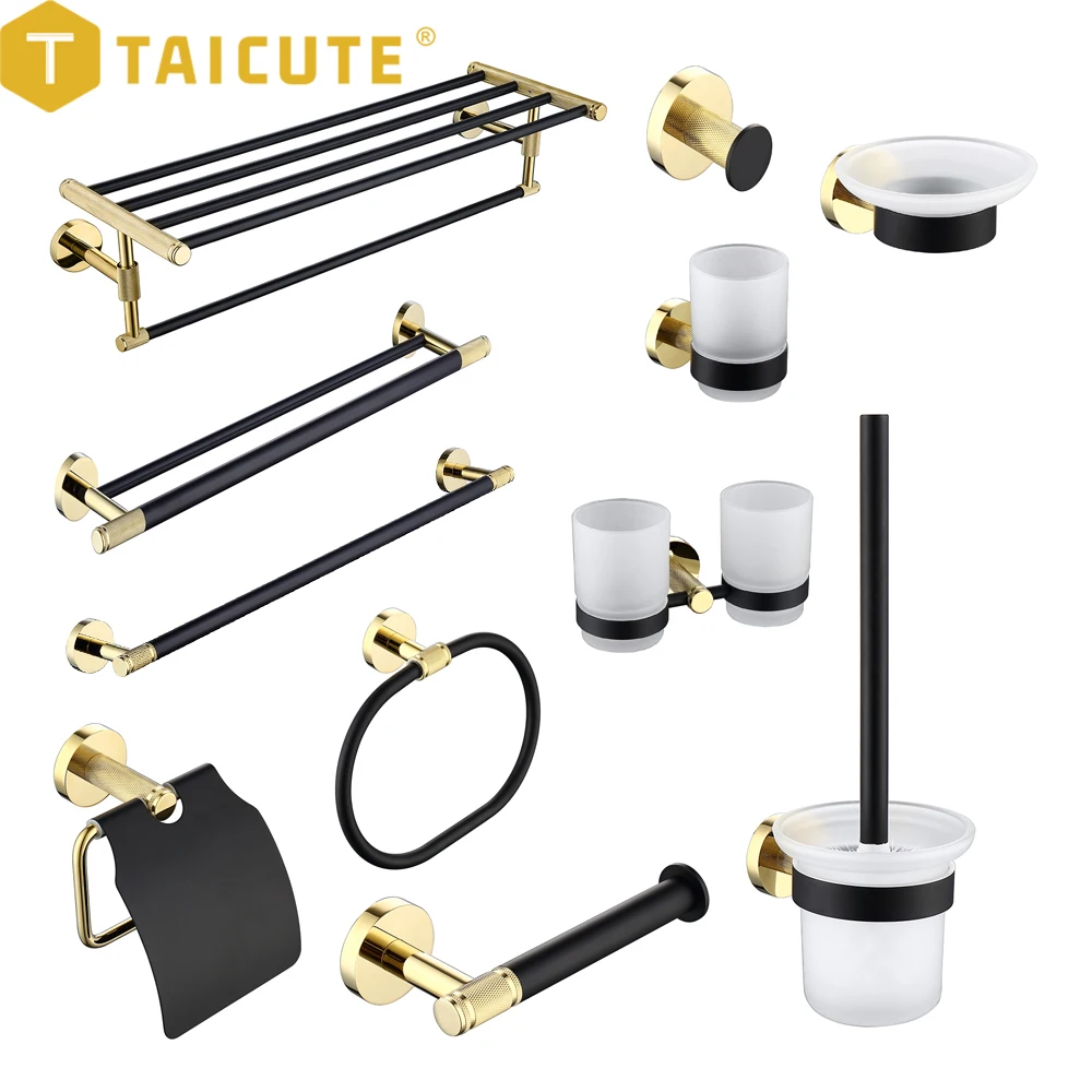 TAICUTE E Bathroom Accessories Hardware Sets Wall Mount Towel Rack Shelf Bar Ring Toilet Paper Brush Holder Stainless Steel Hook