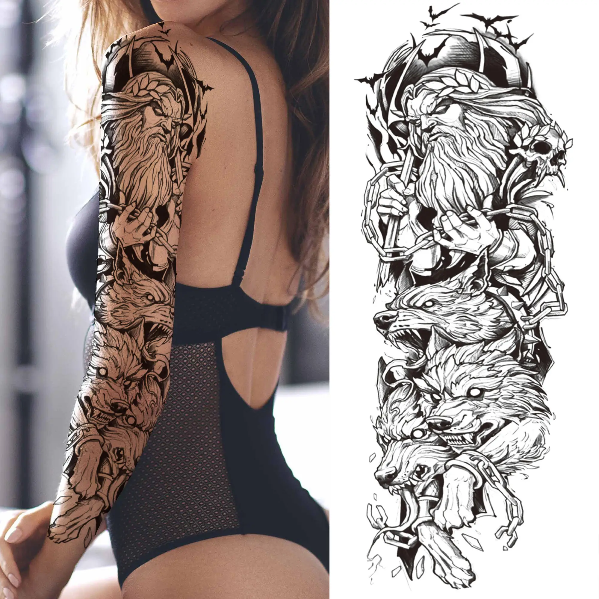 Realistic Indian Lion Full Sleeve Temporary Tattoos For MEN Women Skull Axe God Rose Fake Tattoo Sticker Water Transfer Tatoos