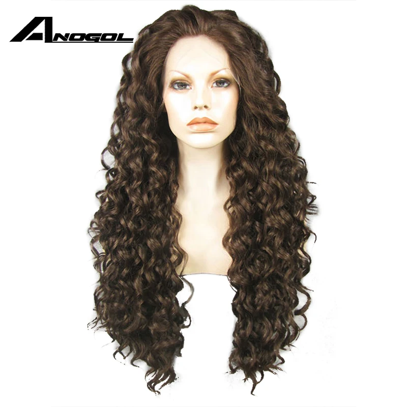 ANOGOL Synthetic Brown Ombre Dark Roots Glueless Lace Front Wig Long Kinky Curly Natural Hair Cosplay Wigs For Women