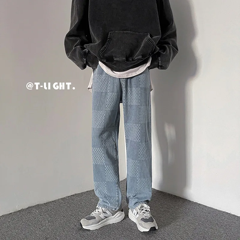 ICCLEK Men's Straight Jeans 2021 Fall/Winter New Style Plaid Jeans Men's Casual Pants Plus Size Jeans  Men Fashion  Mens Pants