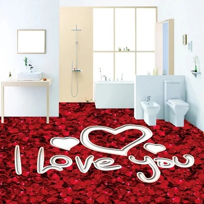 Custom 3D Mural Romantic Red Rose Flower Petal Floor Sticker Vinyl Self-adhesive Photo Wallpaper for Proposal Wedding Room Decor