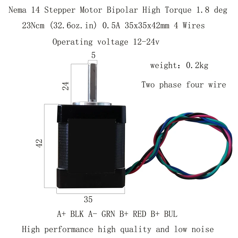 

35BYGH42 Nema14 35 Шаговый двигатель Биполярный с высоким крутящим моментом 23 Нсм 32,6 унций дюйма 0,5 А 1,8 ° 2-фазный 4-проводной шаговый двигатель