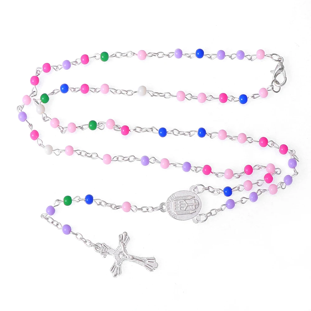 1 Piece Of Colorful Necklace Acrylic Metal Religious Chain Necklace Cross Pattern For Women Gift Religious Praye Rosary Jewelry