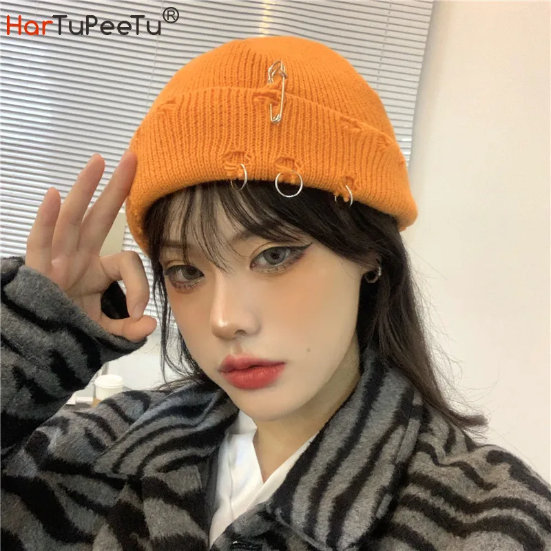 

Hip Hop Cap Women 2022 Winter Girls Pullover Knitted Hats Holes Pins Decorate Keep Warm Korean Style Hat