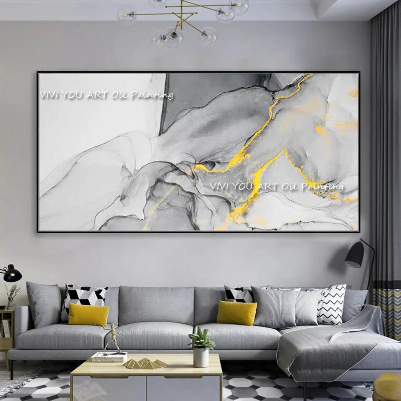 The High Quality Gray Yellow Handmade Modern Abstract Thick Oil Painting Corridor Knife Graph Wall Art Decor for Living Room