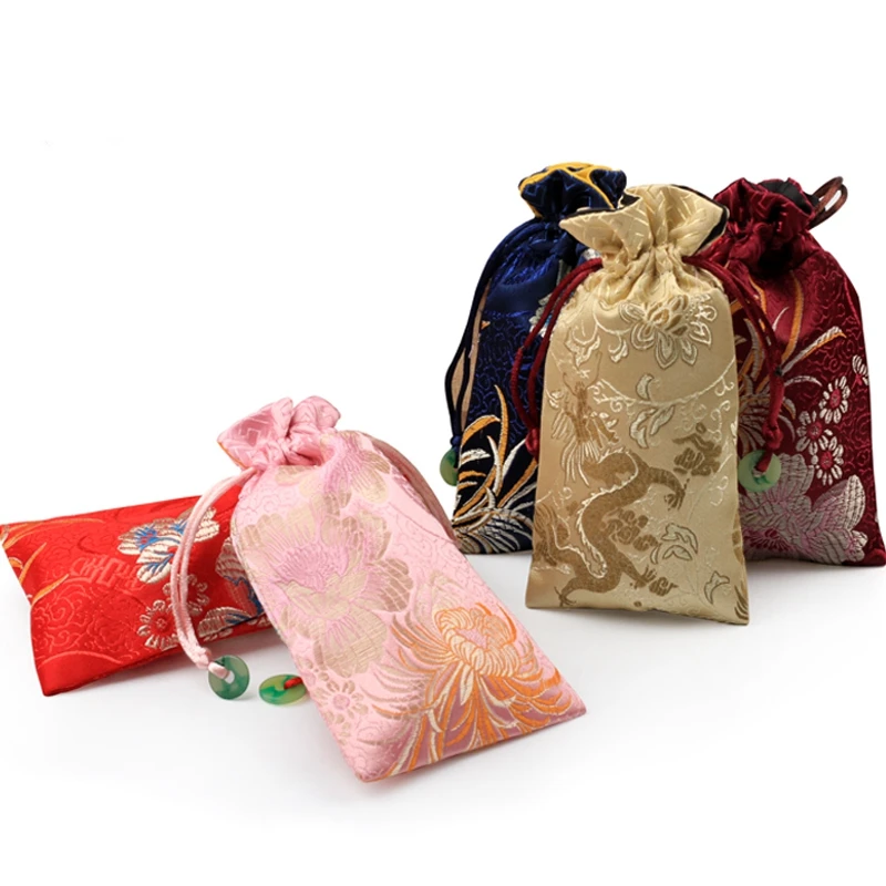 

Custom 50pcs Cherry Blossoms Long Gift Bags Drawstring Chinese Silk Brocade Phone Pouches Christmas Wedding Party Favor