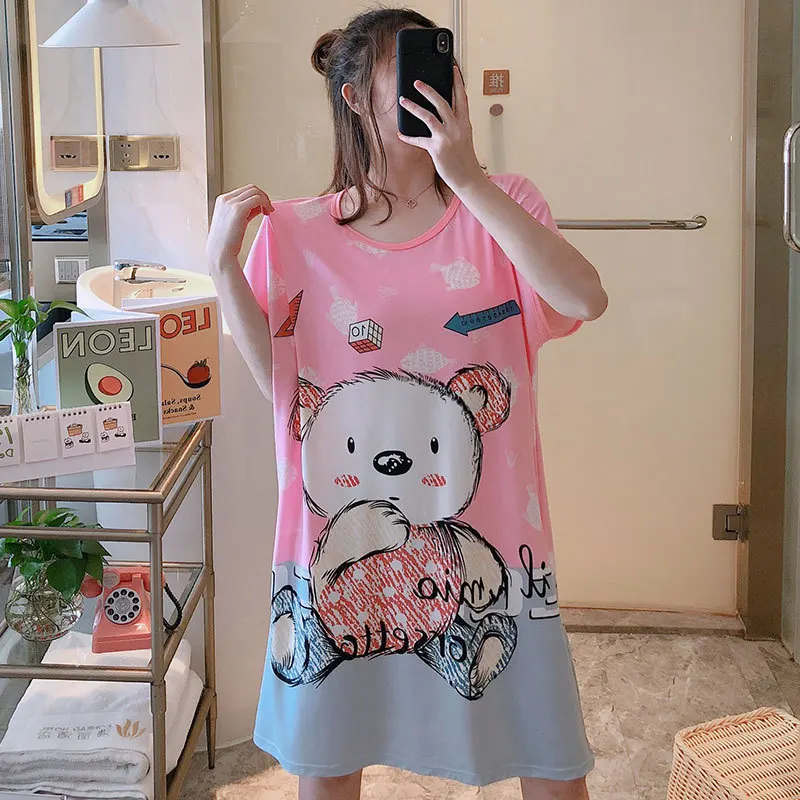 Plus Size Summer Loose Women Nightdress Short Sleeves Cute Cartoon Nightgowns Sweet Casual Sleepwear Girls Sleepdress Nightie