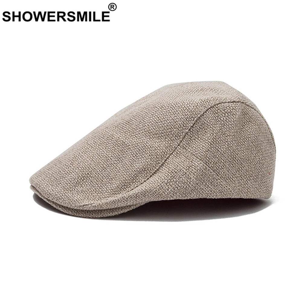 SHOWERSMILE Summer Mens Beret Linen Flat Cap Adjustable Newsboy Cap Breathable Vintage Solid Orange Ivy Duckbill Hat