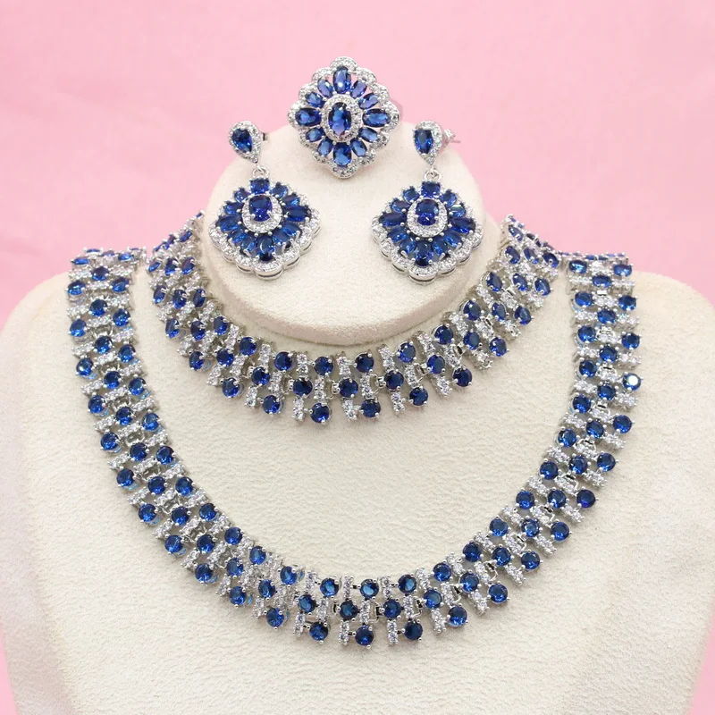 

New Design Royal Blue Stones Necklace Sets Silver Color Wedding Jewelry for Women Earrings Ring Bracelet Gift Box