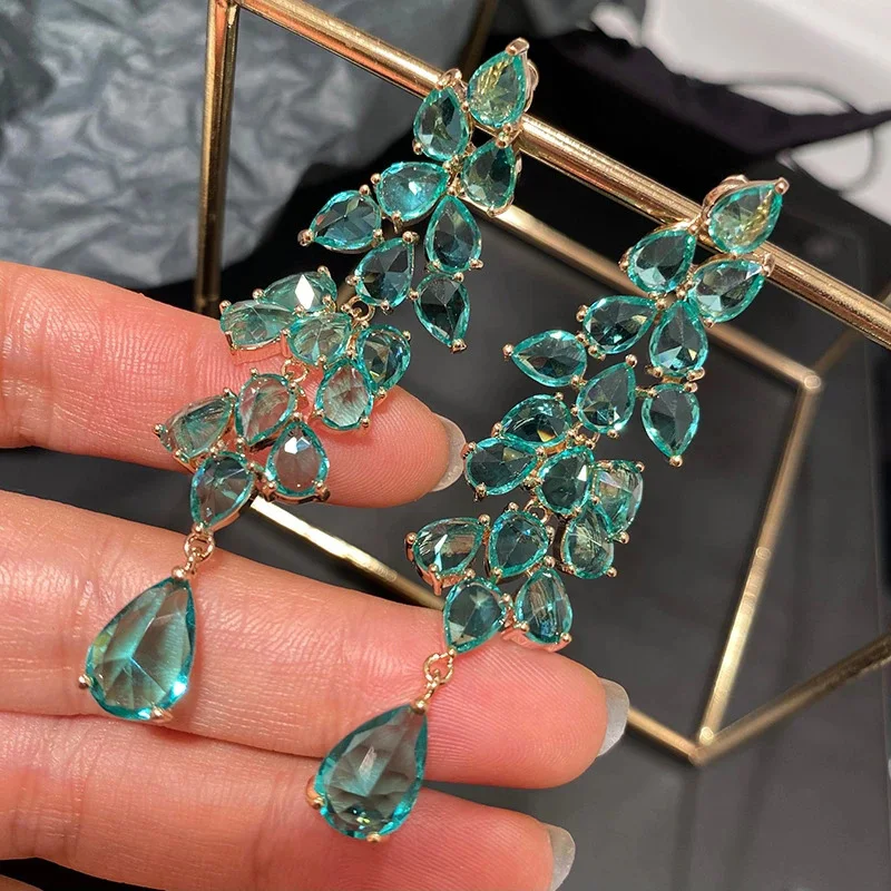 Personality Vintage Crystal Dangler Earrings Jewelry Luxury Gold /Silver Color Green CZ Leaf Tassels 7cm Long Earrings for Women