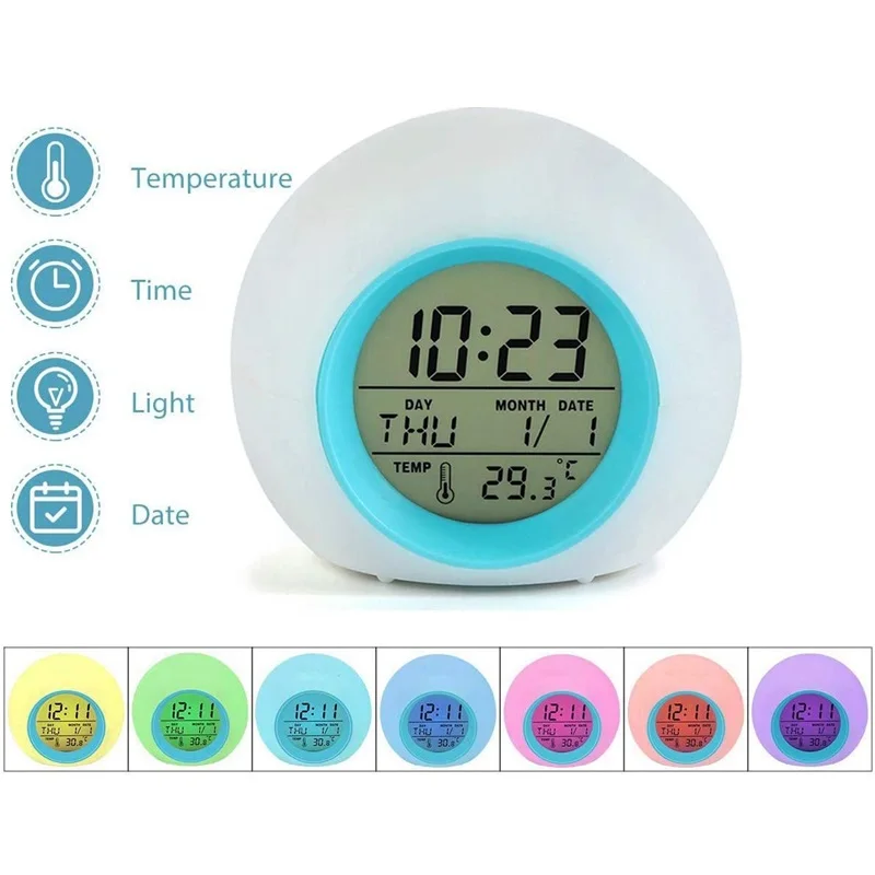 Kids Digital Alarm Clock 7 Color Night Light Snooze Temperature Detect Children Sleep Bedside Cute Wake Up Timer Alarm Clock