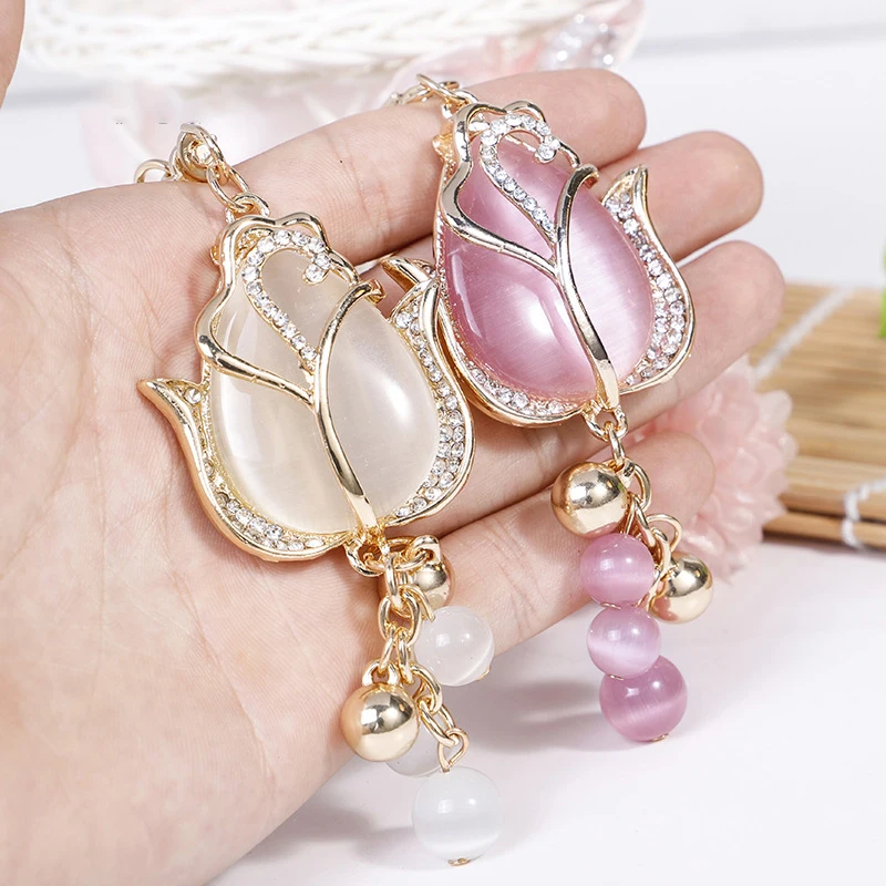 Exquisite Plant Series Crystal Keyring Ornaments Opal Tulip Shaped Flower Metal Keychain Bag Decoration Car Pendant Jewelry Gift