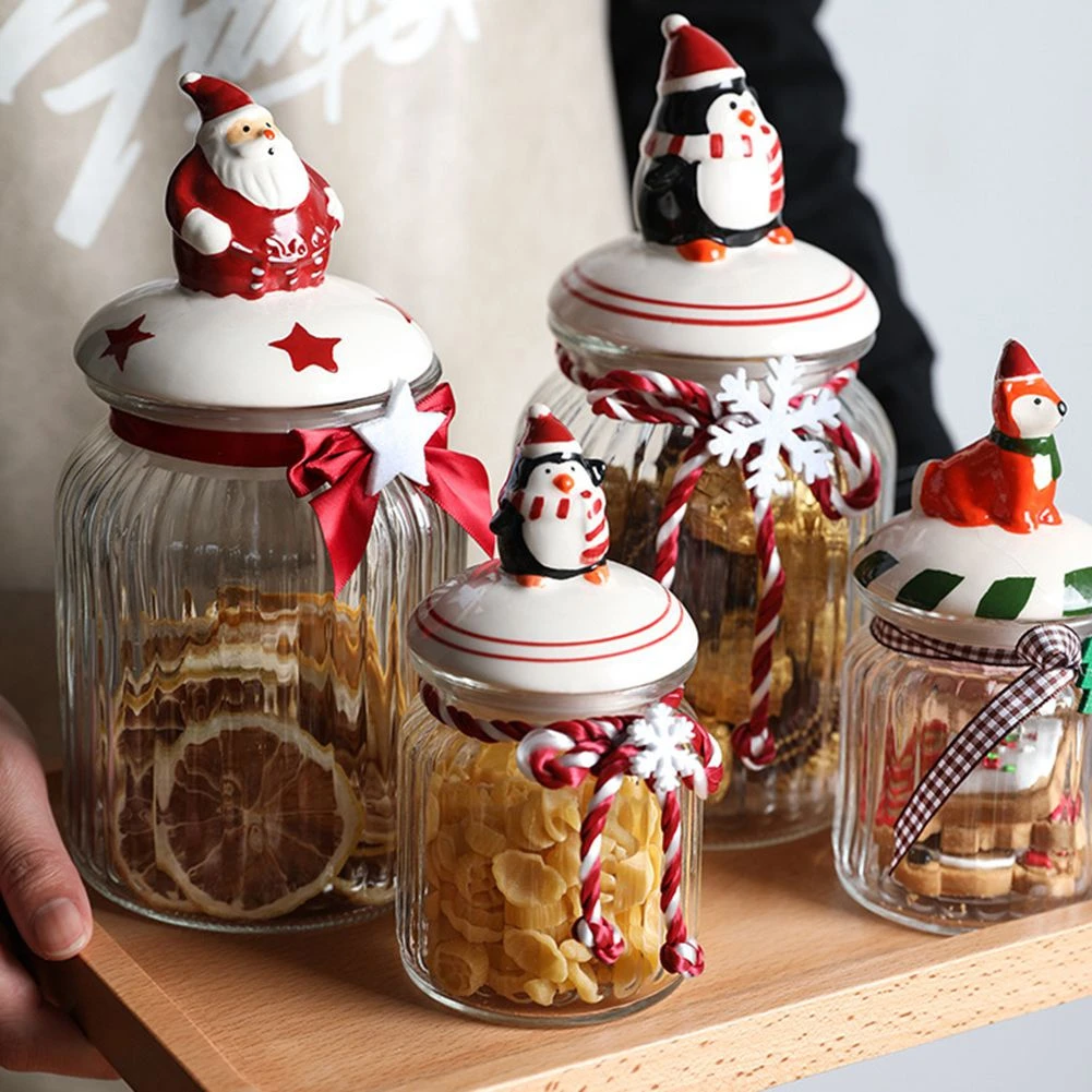 1pcs Creative Christmas Glass Gift Box Christmas Candy Storage Jar Containers Xmas New Year Holiday Party Storage Supplies