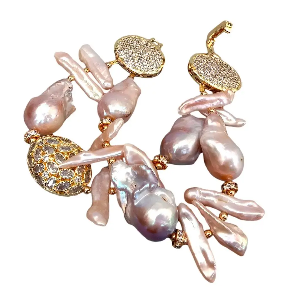

YYGEM 2 strands Natural Nucleated Flameball Baroque Pearl Biwa pearl Bracelet Cubic Zirconia pave gold filled clasp 8"