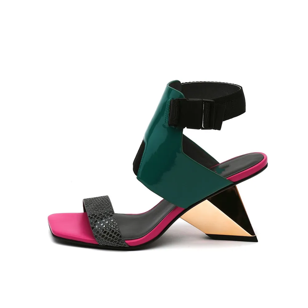 Sandals women 7.5cm unique high heels jelly mixed colors peep toe summer buckle strap fashion women shoes green HL207 MUYISEXI