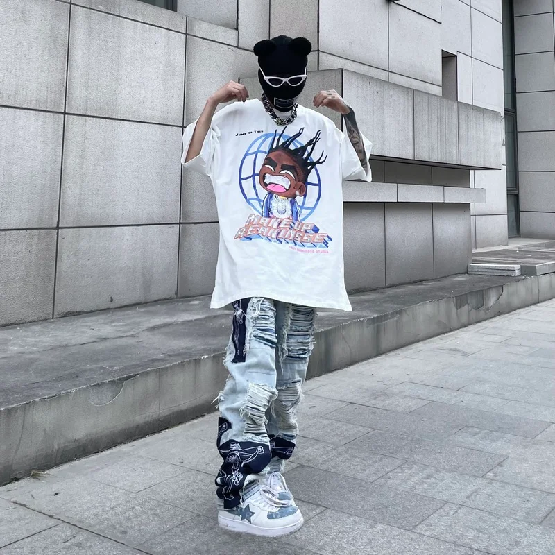 Men High Street Denim Jean Pants Casual Loose Destroyed Ripped Holes Straight Jeans Fashion Patchwork Hip Hop Streetwear Joggers