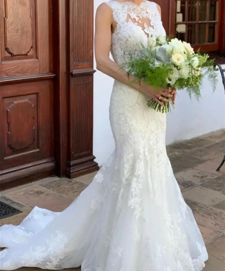 Vestido de novia de sirena clásico sin mangas, elegante, con Apliques de encaje