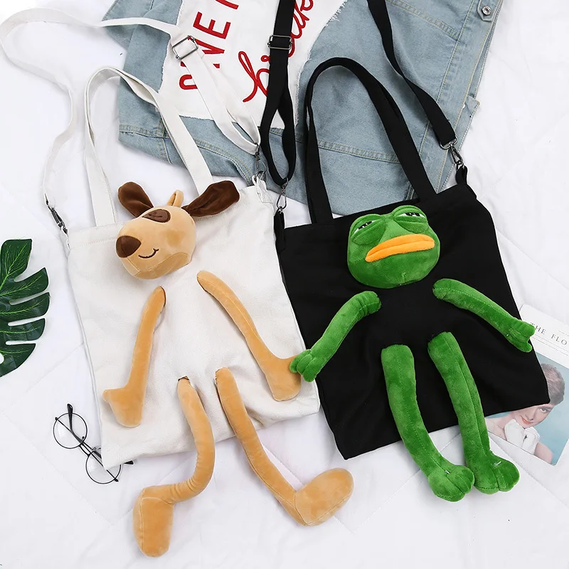 Sad Frog Shoulder bag Rabbit Dog Sad Frog Feels Canvas Carry Shopping bag Handbag Cartoon Top-Handle Bags Tote for Student