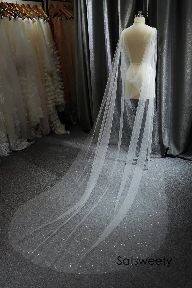 

High End Bridal Cape Customized Glitter Tulle Bridal Shawl Chapel Tail Wedding Wraps Handmade Bridal Accessaries