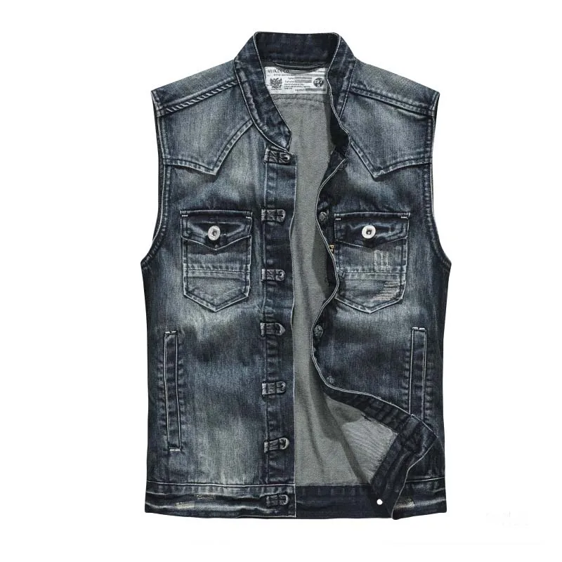 

Mcikkny Men Fashion Vintage Denim Vest Washed Streetwear High Street Waistcoats For Male Patchwork