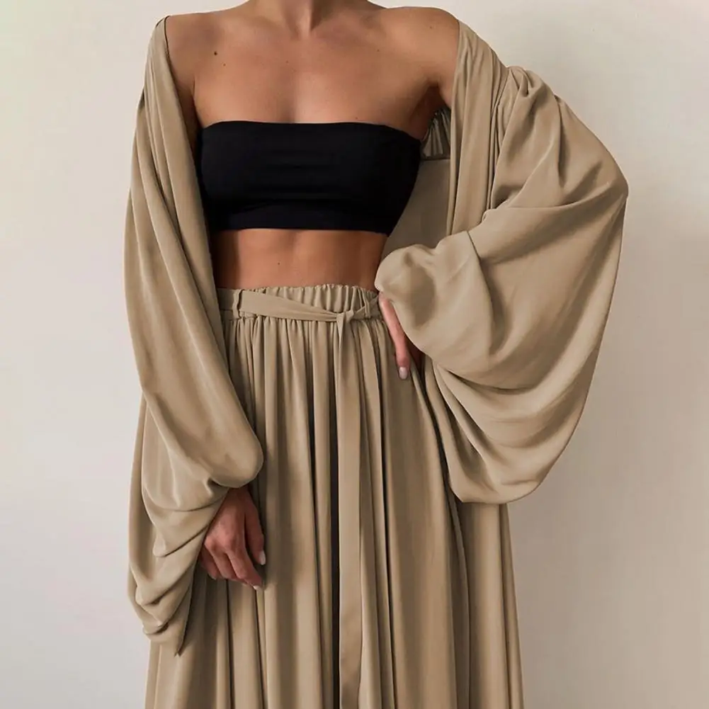 Summer Sets for Girl Suit Sexy Outfit Solid Color Long Sleeve Cardigan Tube Top Wide Leg Pants 3Pcs/Sets Tracksuit Streetwear